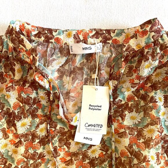 NWT Mango floral print mini dress Women's 4 orange brown loose ruffle boho - Picture 5 of 10